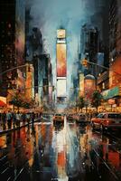 en modern konst målning skildrar en kaotisk stadsbild på natt. ai generativ foto