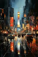 en modern konst målning skildrar en kaotisk stadsbild på natt. ai generativ foto