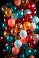 en knippa av färgrik ballonger, Inklusive röd, gul, blå, grön och Övrig annorlunda färger av ballonger. ai generativ foto