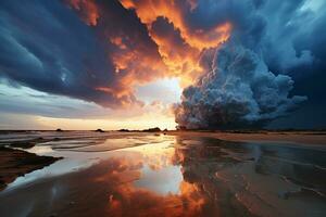 en stormig himmel och moln reflekterad i vatten. ai generativ foto
