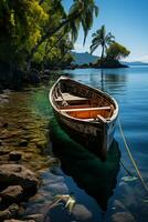 tropisk ö med traditionell fiske båtar. ai generativ foto