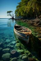tropisk ö med traditionell fiske båtar. ai generativ foto