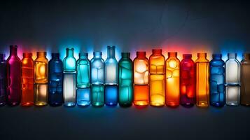 blandad flaskor av färgrik piller - genererad ai konst foto