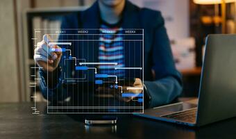 projektledare som arbetar och uppdaterar uppgifter med milstolpar framstegsplanering och Gantt-diagram schemaläggningsdiagram. företag som arbetar med smart telefon, surfplatta och bärbar dator foto