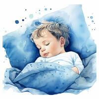vattenfärg teckning av en söt bebis sovande. de pojke i blå pyjamas är sovande. ai genererad foto