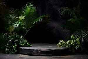 tömma svart sten plattform med tropisk växter på mörk bakgrund.generativ ai. foto
