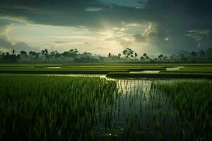 Foto av en ris fält.generativ ai