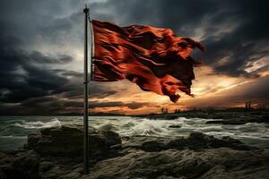 överlämna flagga vinka i vind under en stormig olycksbådande himmel foto