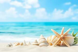strand hav tema med skön skal, koraller och sjöstjärna på ren vit sand, sommar begrepp. generativ ai. foto