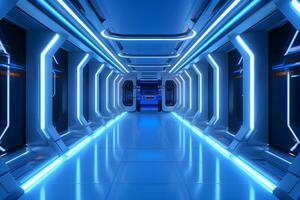 trogen korridor med lysande blå neon ljus.generativ ai. foto