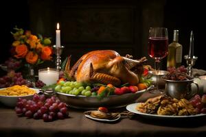 tradition av en tacksägelse fest fokusera på en vackert uppsättning dining tabell med Kalkon foto
