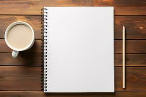 topp se tom vit bok attrapp på trä tabell med pennor minimalistisk design, ai-genererad foto