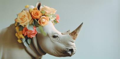 huvud skott av noshörning utsmyckad med blommor. sida se foto