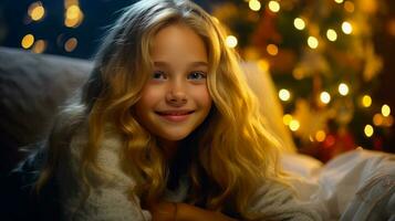 skön ung blond flicka leende i säng i en mysigt rum dekorerad med ny år dekorationer och en jul träd. foto