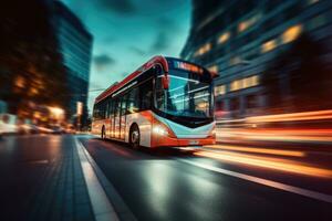 modern buss på stad gata. offentlig transport. generativ ai foto