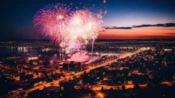 spektakulär fyrverkeri visa över stadens centrum byggnader foto