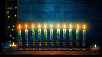 hanukkah festlig firande begrepp, glöd av de menora med lysande ljus och stjärna, generativ ai illustration foto