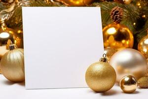 jul kort med Plats till skriva, jul dekor, gyllene detaljer. generativ ai foto