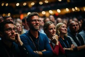 konferens hall publik full av tech människor, skapas med generativ ai foto