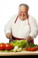 leende övervikt chef hackning grönsaker isolerat på en vit bakgrund foto