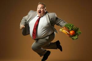 en fett chef joggning med en sallad isolerat på en lutning bakgrund foto