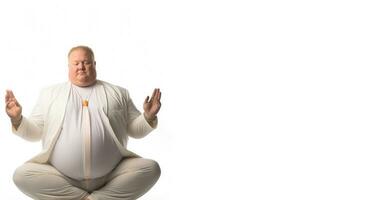 fredlig övervikt chef praktiserande yoga poser isolerat på en vit bakgrund foto