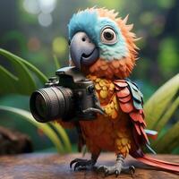 en färgrik papegoja med en kamera genererad förbi ai foto