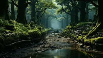 mystisk mörk skog, våt med dimma, innehar gammal naturlig skönhet genererad förbi ai foto