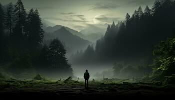 män vandring i de lugn berg landskap, omgiven förbi dimma genererad förbi ai foto