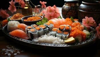 friskhet av skaldjur på en tallrik, en gourmet japansk måltid genererad förbi ai foto