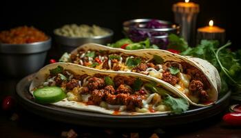 grillad nötkött taco med färsk tomat, guacamole, och Koriander genererad förbi ai foto