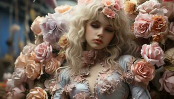 en skön blond brud i en blommig klänning, strålande elegans genererad förbi ai foto