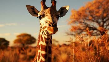 giraff i afrika, stående på enkel, ser på solnedgång genererad förbi ai foto