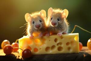 två söt möss sitta på en stor bit av ost ai generativ foto