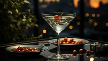 nattklubb firande med martini glas, cocktail, dryck, förfriskning, fest, nattliv, lyx genererad förbi ai foto