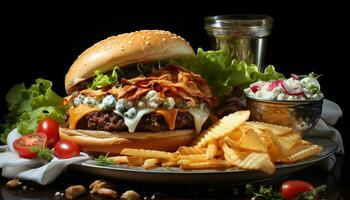 grillad nötkött burger med pommes frites, ost, och färsk grönsaker genererad förbi ai foto