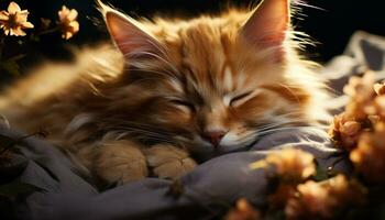 söt kattunge spelar i gräs, vilar under höst solljus genererad förbi ai foto