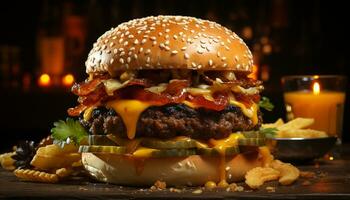 grillad gourmet burger med ost, tomat, lök på trä- tabell genererad förbi ai foto