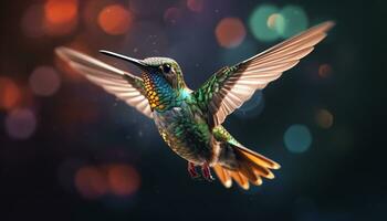 kolibri flygande, natur skönhet i vibrerande färger, vingar spridning, svävande genererad förbi ai foto