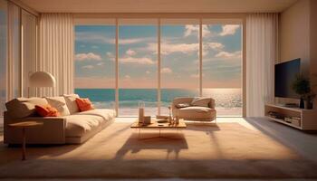 modern, bekväm levande rum med solljus, elegant dekor, och bred landskap genererad förbi ai foto
