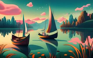 lugn skymning segla, majestätisk båtar glidande på en lugn sjö. ai genererad foto