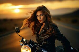 ung flicka på en motorcykel i en läder kostym på de motorväg på solnedgång ai genererad foto