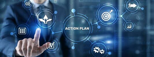 affärs handlingsplan strategi koncept på virtuell skärm. tidsplanering foto