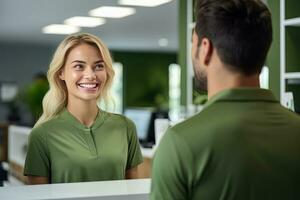 porträtt av leende receptionist kvinna hälsning klient, Lycklig företag kvinna reception i modern kontor foto