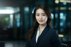 porträtt av en skön affärskvinna i modern kontor, asiatisk chef ser på kamera och leende, självsäker kvinna vd planera och hantera företag. foto