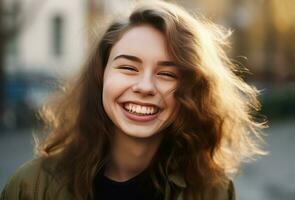Lycklig skrattande flicka på gata. generera ai foto