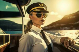 kvinna Yacht kapten solnedgång. generera ai foto