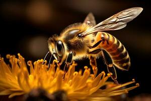 episk makro fotografi skott av honung bi. närbild se av arbetssätt bin. generativ ai foto
