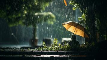 mänsklig dagligen liv på regnig dag. njuter regn och Lycklig liv, livlig regnig säsong begrepp. generativ ai foto