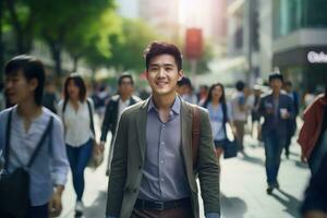 asiatisk man gående i modern stad, stilig Asien kille promenader på en fullt med folk fotgängare gata. foto